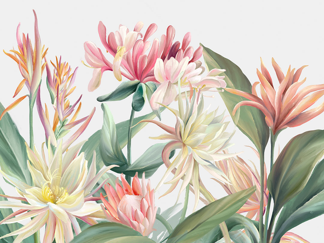 Wall mural with bright tropical flowers on the white background