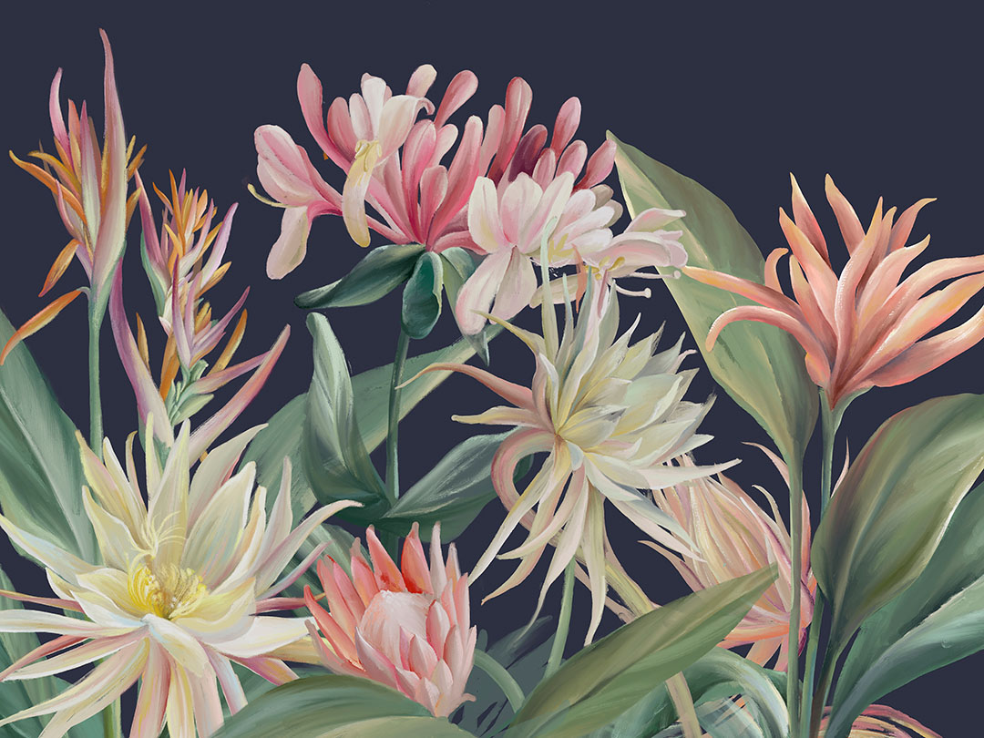 Wall mural with bright tropical flowers on the navy blue background